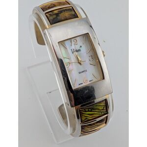 Vivani Abalone Watch Women 22mm Silver Tone MOP Dial Cuff Tank- New Battery